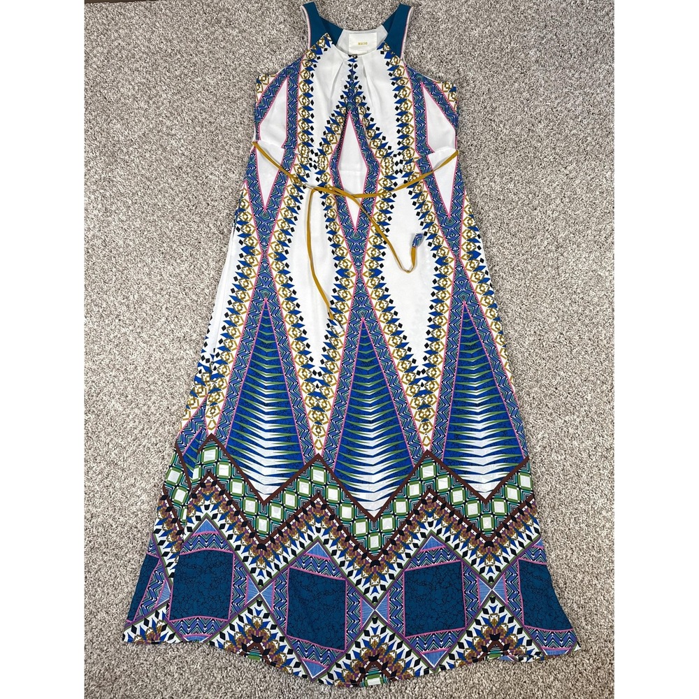 Maeve Maxi Dress Womens 2P White Multicolor Geometric Print Belted Sleeveless‎